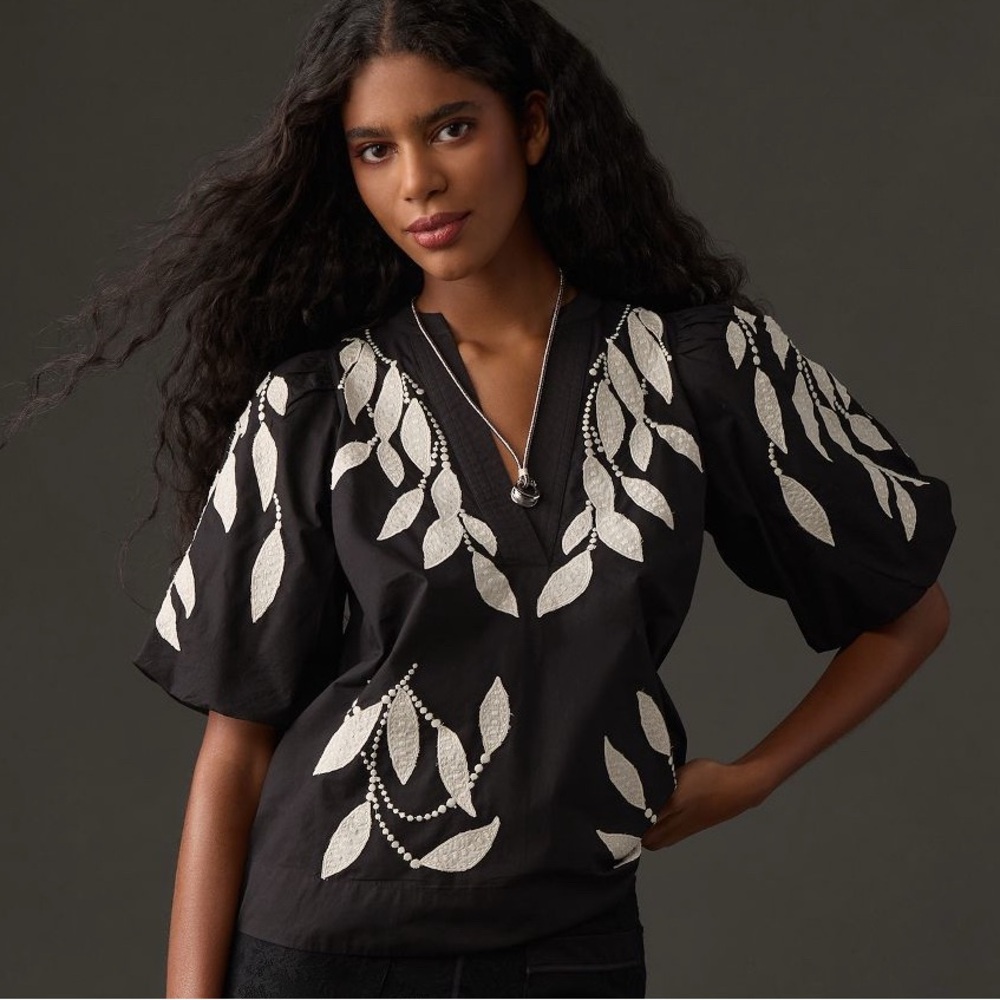 Anthropologie Puff Sleeve Embroidered Blouse XXS